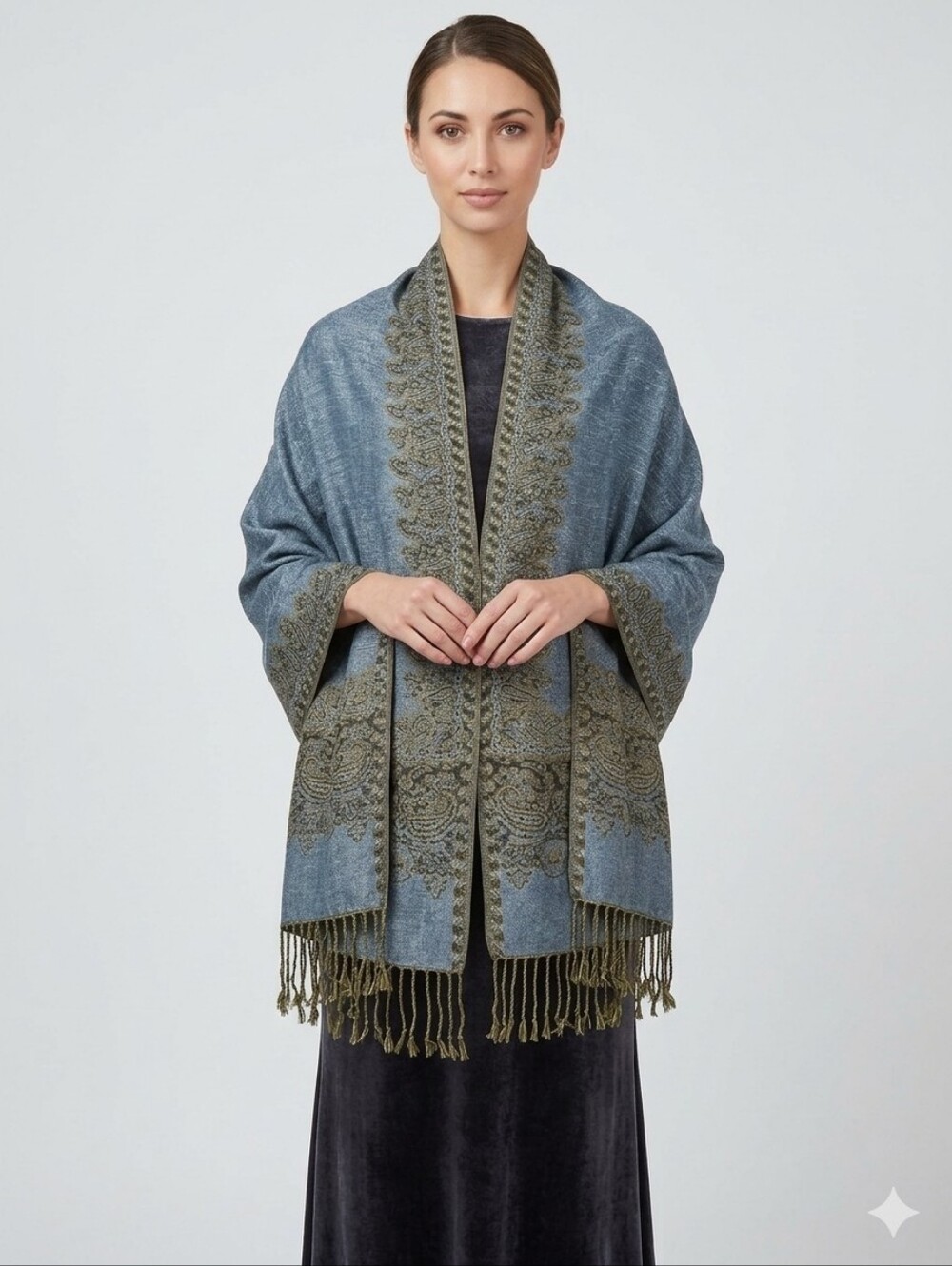 ITALMODE Mustard & Blue Paisley Fringe Pashmina